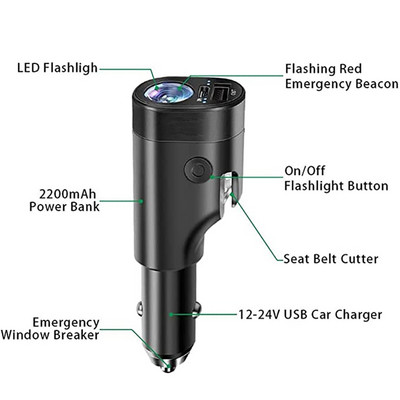 6 az 1-ben adapter akkumulátor ablaktörő autós USB töltő vészmenekülési eszköz biztonsági öv vágó zseblámpa jeladó autós kempingezéshez