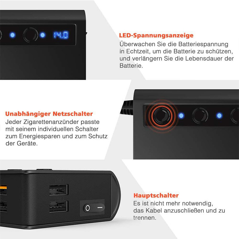 Διαχωριστής αναπτήρα τσιγάρων με 4 θύρες USB φορτιστής αυτοκινήτου γρήγορης φόρτισης Ένδειξη τάσης LED CDEN