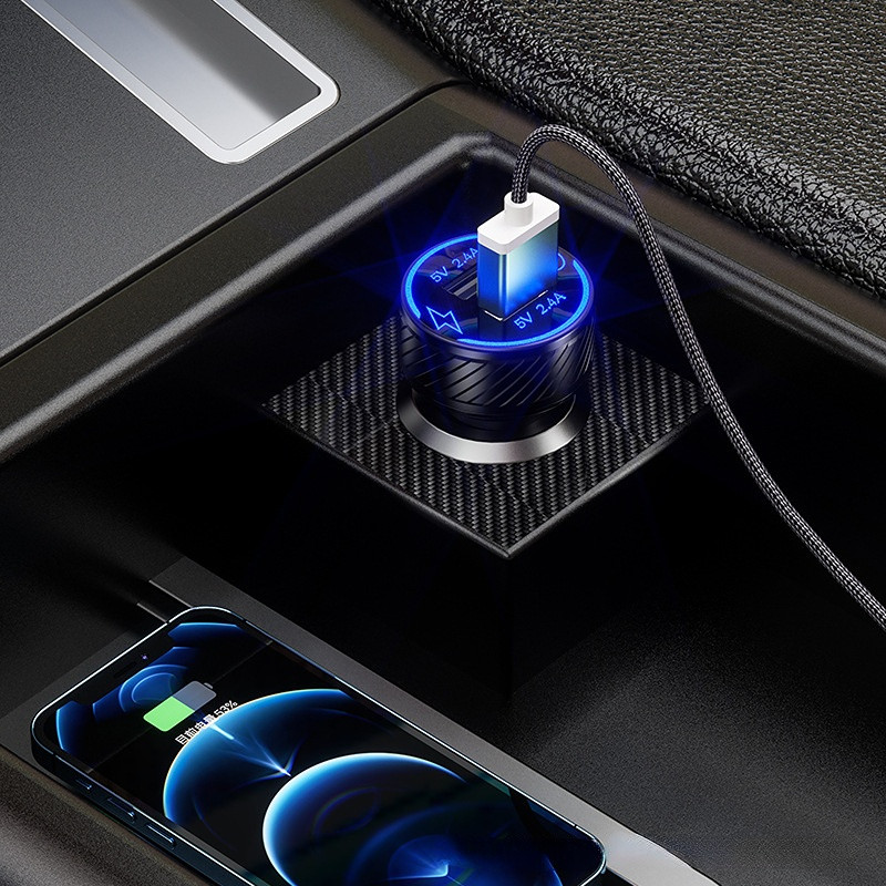 Port USB dublu QC 3.0 Priză pentru încărcător auto multiplu cu comutator tactil Încărcător rapid Adaptor auto Accesorii metalice triple din aluminiu