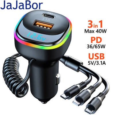 JaJaBor auto punjač 3 u 1 kabel za punjenje 40W velike snage PD36W USB C 3.1A adapter za brzo punjenje za Android Iphone