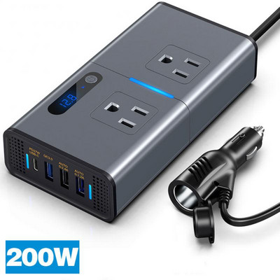 200 W automašīnas pārveidotājs DC12V līdz AC110V LCD digitālais displejs C tipa USB ātrās uzlādes automašīnas lādētājs strāvas adaptera invertora piederumi