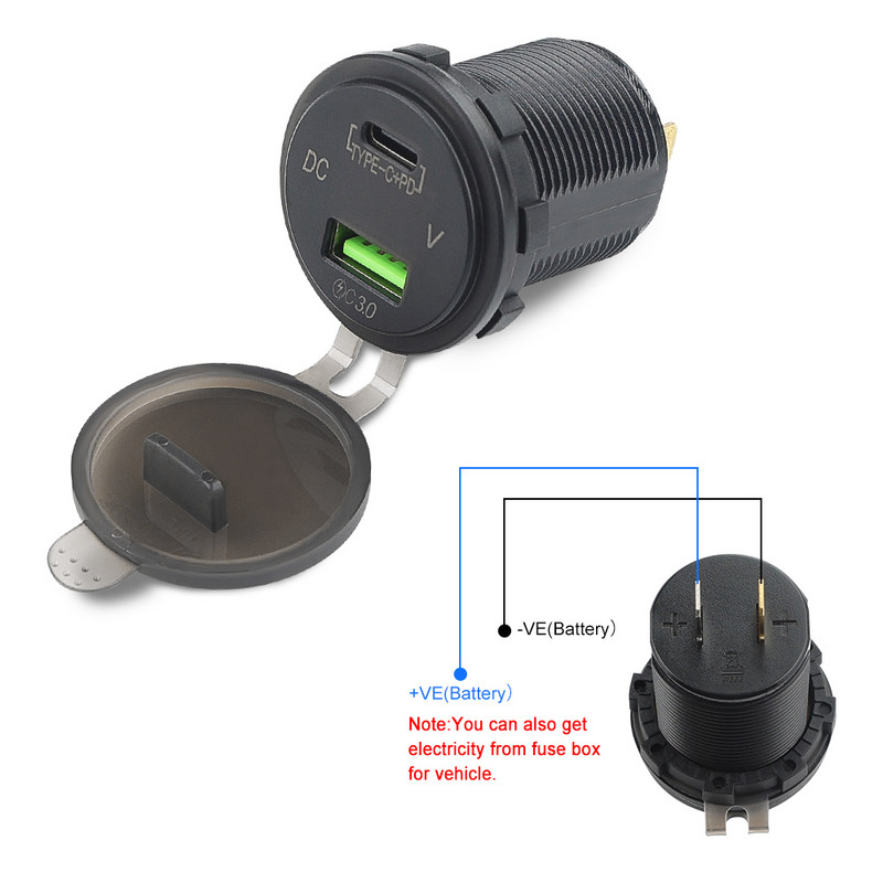 12V/24V PD USB-C Încărcător de mașină tip C 3.0 și priză pentru încărcător PD cu voltmetru LED Priză de priză pentru mașină pentru ambarcațiuni maritime