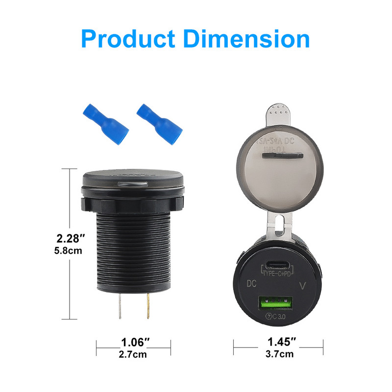 12V/24V PD USB-C Încărcător de mașină tip C 3.0 și priză pentru încărcător PD cu voltmetru LED Priză de priză pentru mașină pentru ambarcațiuni maritime