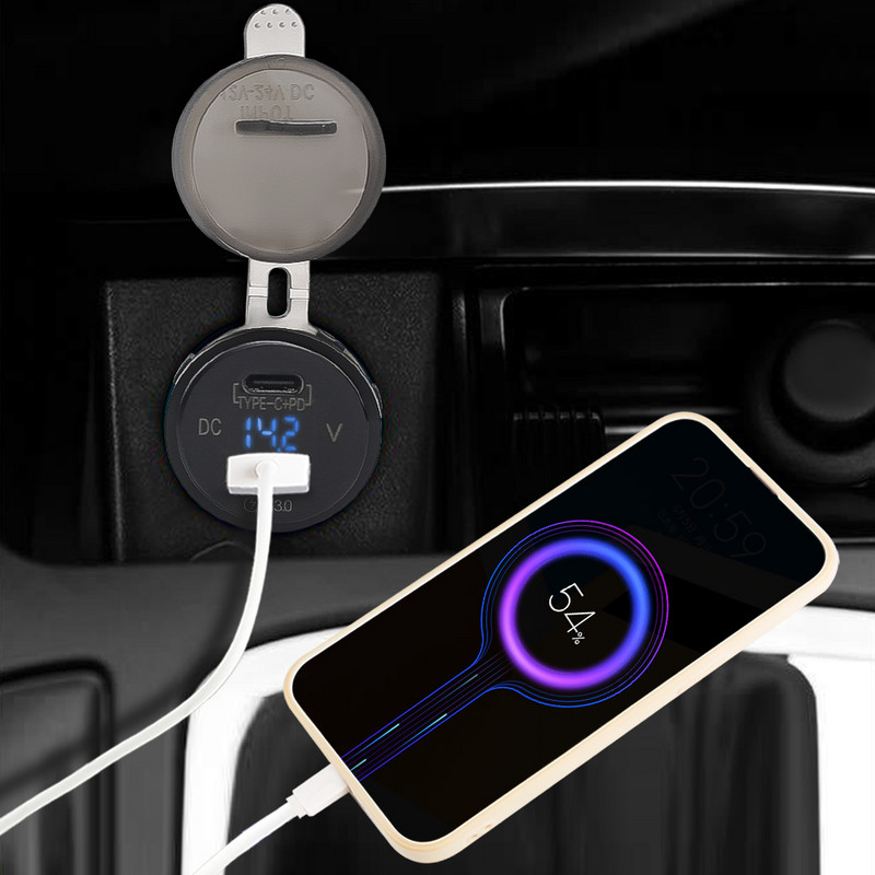 12V/24V PD USB-C Încărcător de mașină tip C 3.0 și priză pentru încărcător PD cu voltmetru LED Priză de priză pentru mașină pentru ambarcațiuni maritime