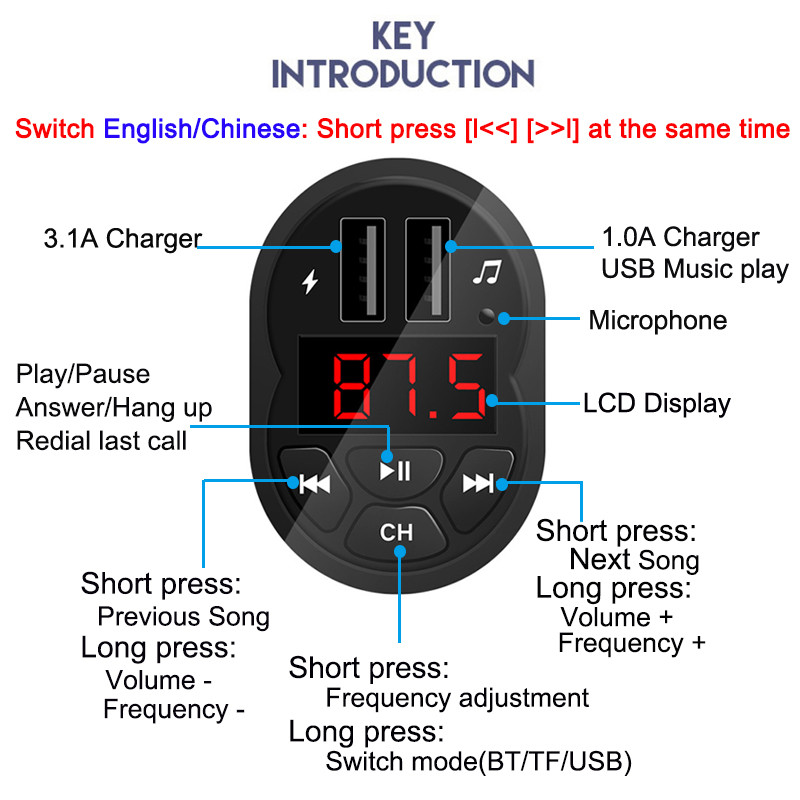 JINSERTA MP3 player za automobil TF 32G U Disk Reprodukcija glazbe 2 porta USB punjača Handsfree Bluetooth 5.0 FM modulator odašiljača