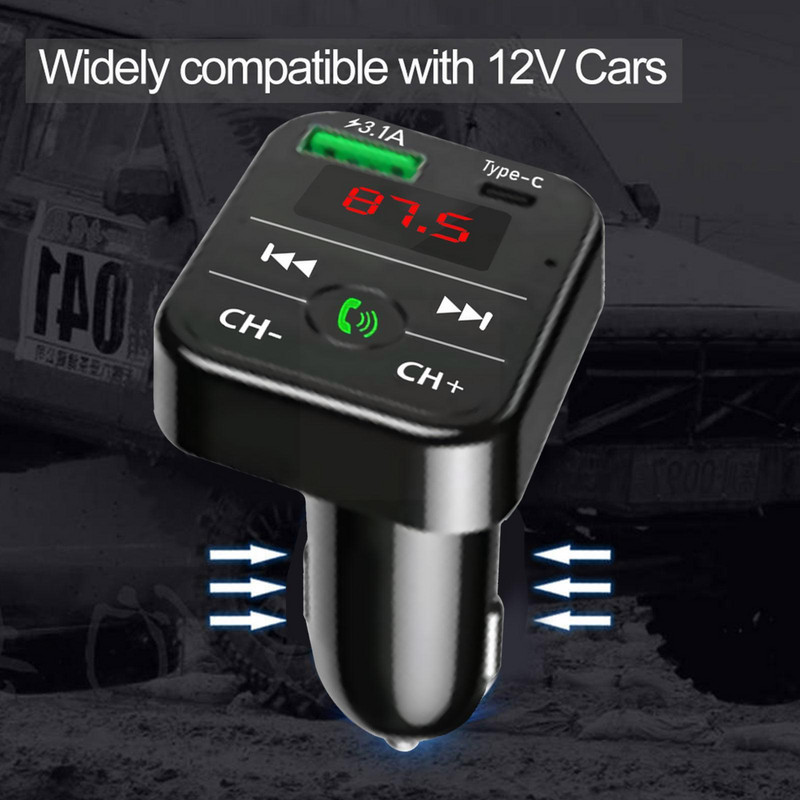 Αυτοκίνητο Bluetooth 5.0 Πομπός FM Ασύρματη συσκευή αναπαραγωγής handsfree Φορτιστής αυτοκινήτου USB+Typec 3.1A Αξεσουάρ γρήγορου ήχου Δέκτης MP3 A I2U9