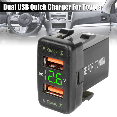 Двойно USB QC гнездо за зарядно за кола LED аксесоари за кола 12-24V волтметър Захранващ адаптер за Toyota Quick Charge за мобилен телефон