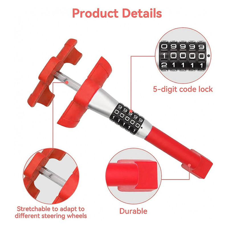 Blocare antifurt pentru volan în formă de T pentru mașină Blocare cu cârlig retractabil Blocare cu combinație antifurt retractabilă pentru mașini