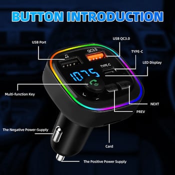 Αυτοκίνητο Bluetooth 5.0 FM πομπός PD 18W Type-C Διπλός φορτιστής USB Φως περιβάλλοντος Handsfree MP3 Modulator Αναπαραγωγή Δέκτης ήχου
