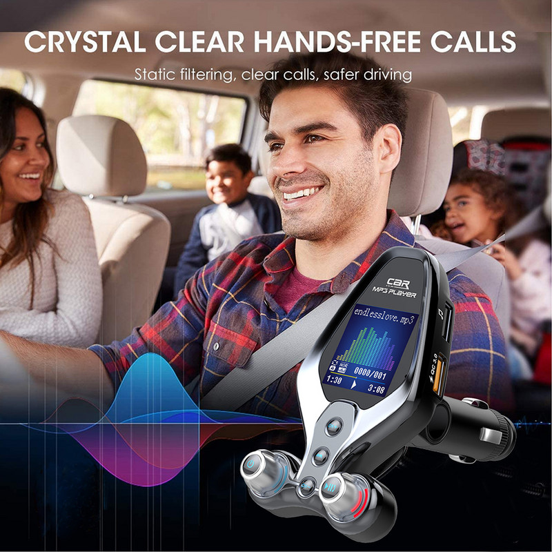 Juhtmeta FM-saatja Bluetooth 5.0 vabakäeseade AUX FM-raadio QC3.0 USB-kiire autolaadija autod USB MP3-mängija tugi 128G TF-muusika