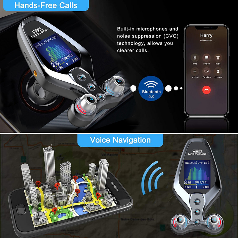 Juhtmeta FM-saatja Bluetooth 5.0 vabakäeseade AUX FM-raadio QC3.0 USB-kiire autolaadija autod USB MP3-mängija tugi 128G TF-muusika