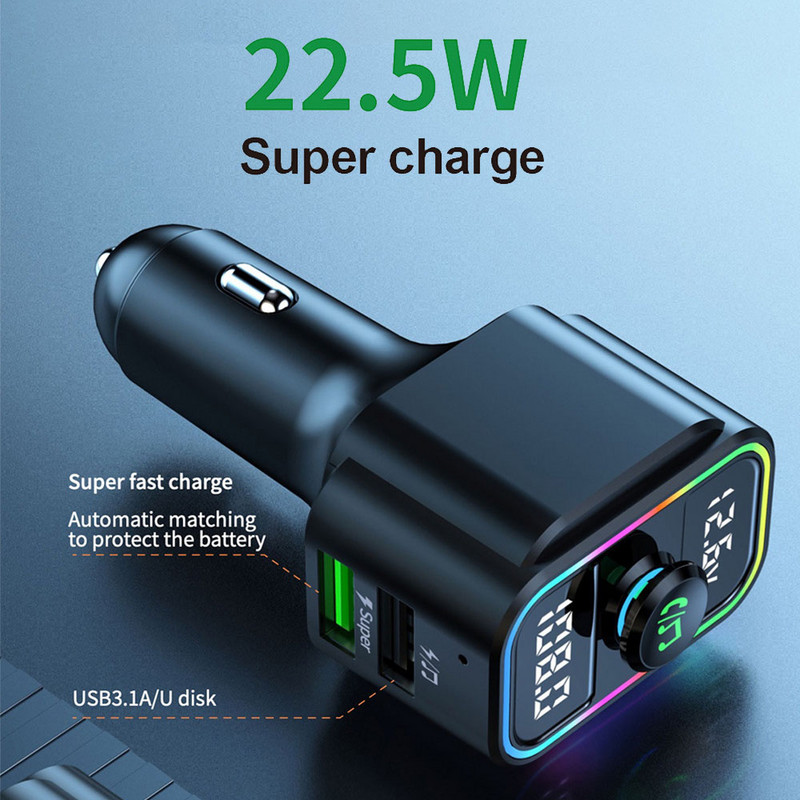 Încărcător auto Transmițător FM Adaptor Bluetooth Dual USB QC3.0 Încărcător rapid Mâini libere Stereo Mp3 Music Player Lumini colorate