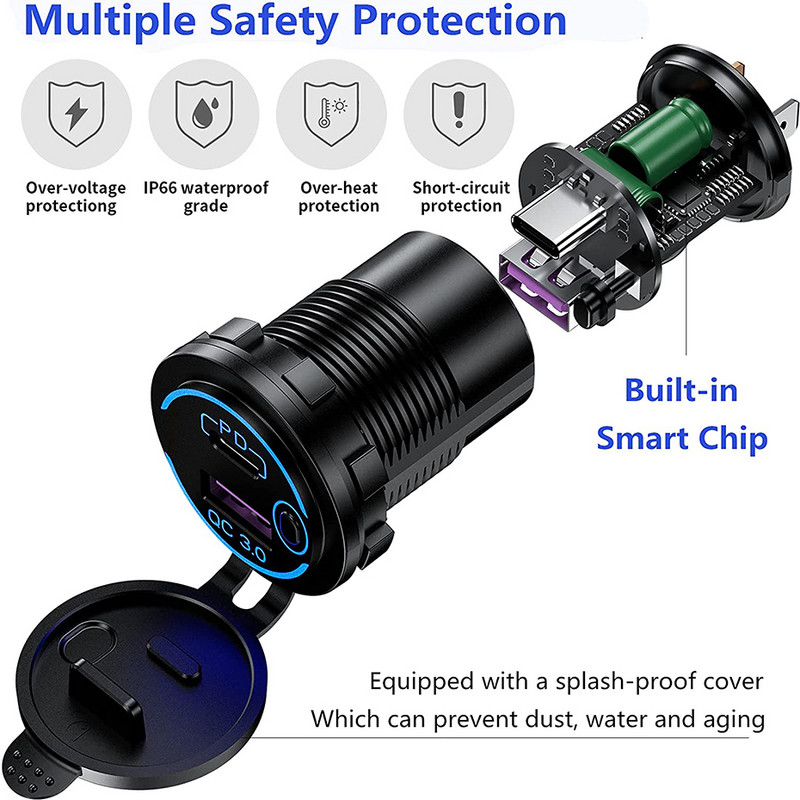 ROXGOCT 12V/24V USB laadija pesa PD tüüp C QC 3.0 kiirlaadija koos lülitiga universaalne mootorratta auto veoauto RV ATV paadi pesa