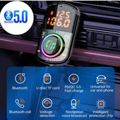 Încărcător auto Bluetooth 5.0 QC3.0 Încărcare rapidă PD Încărcător auto Transmițător FM Player MP3 compatibil cu lumină ambientală 12V-24V BC71