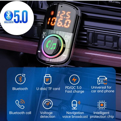 Autós töltő Bluetooth 5.0 QC3.0 Fast Charge PD autós töltő FM adóval kompatibilis MP3 lejátszó környezeti megvilágítással 12V-24V BC71