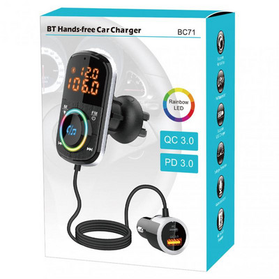 Încărcător auto Bluetooth 5.0 QC3.0 Încărcare rapidă PD Încărcător auto Transmițător FM Player MP3 compatibil cu lumină ambientală 12V-24V BC71