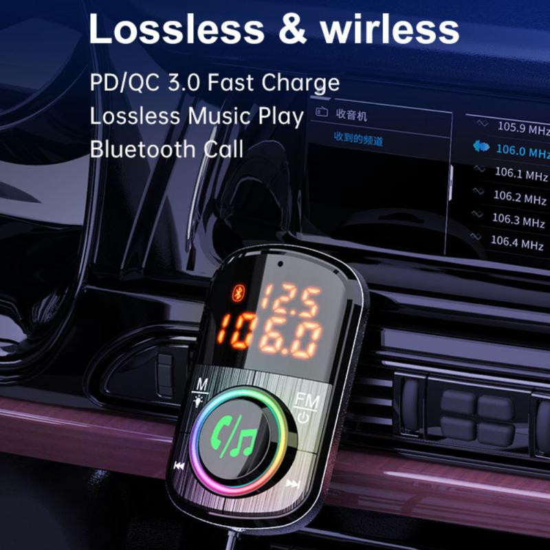 Încărcător auto Bluetooth 5.0 QC3.0 Încărcare rapidă PD Încărcător auto Transmițător FM Player MP3 compatibil cu lumină ambientală 12V-24V BC71