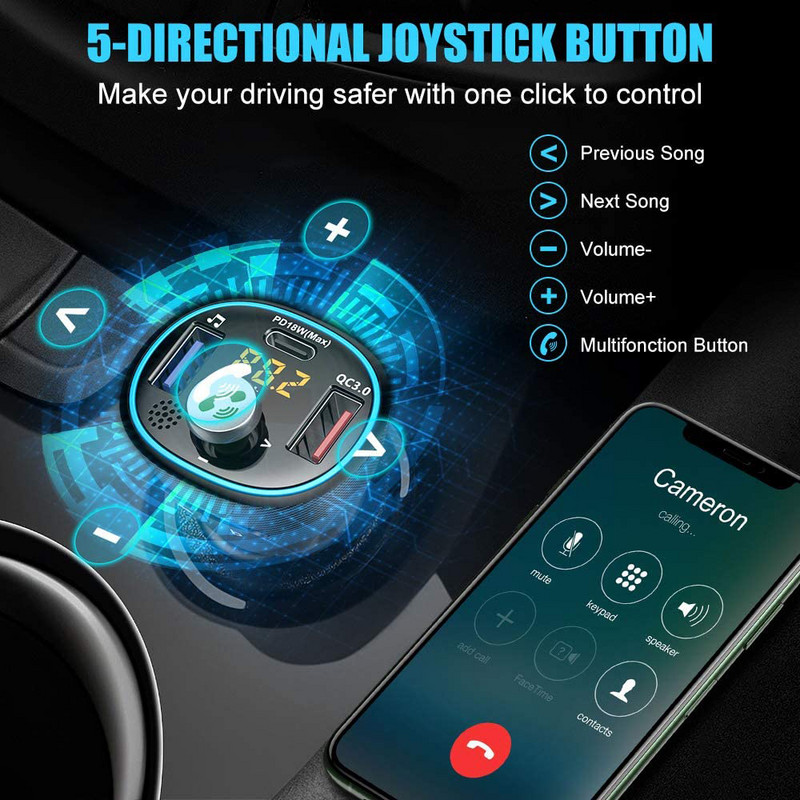 Transmițător FM 5.0 compatibil Bluetooth pentru mașină cu bass Mp3 Player Microfon mare USB Redare muzică QC3.0 PD20W Încărcător rapid