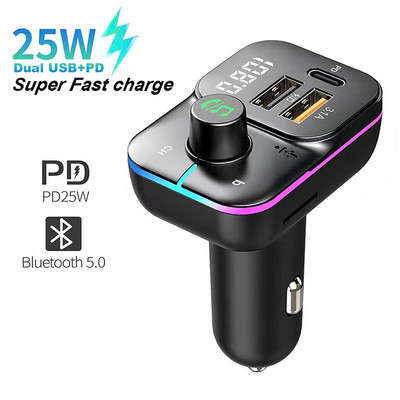 PD 25W autós töltő kettős USB FM adó Bluetooth adapter vezeték nélküli kihangosító sztereó MP3 lejátszó színes fények FM modulátor