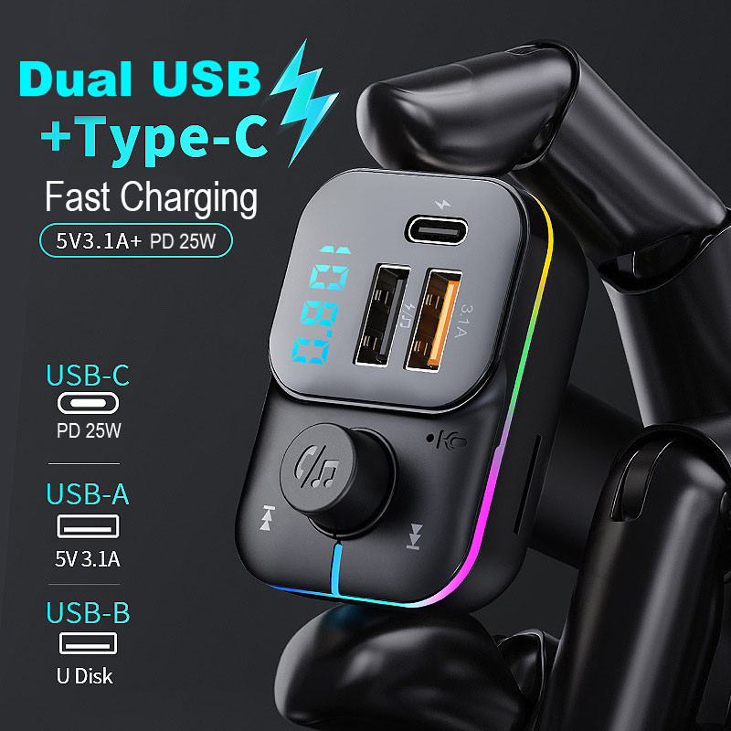 Încărcător auto PD 25W Transmițător FM dublu USB Adaptor Bluetooth Mâini libere fără fir Stereo Mp3 Player Lumini colorate Modulator FM