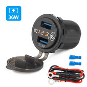12V/24V kahe pordiga USB-autolaadija kiirlaadija QC3.0 pistikupesaga toiteadapter Veekindel LED-digitaalse voltmeetri puutelülitiga