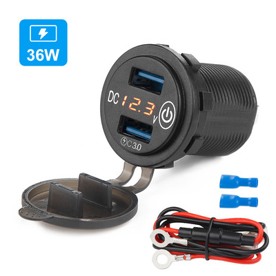 12V/24V Dual Port USB Car Charger Quick Charge QC3.0 Socket Power Adaptor Waterproof with LED Digital Voltmeter Touch Switch