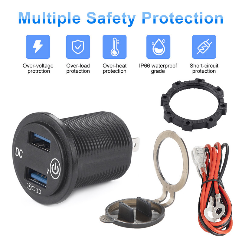 12V/24V kahe pordiga USB-autolaadija kiirlaadija QC3.0 pistikupesaga toiteadapter Veekindel LED-digitaalse voltmeetri puutelülitiga
