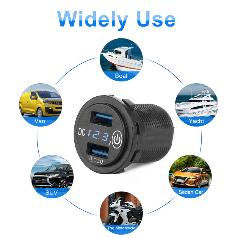 12V/24V kahe pordiga USB-autolaadija kiirlaadija QC3.0 pistikupesaga toiteadapter Veekindel LED-digitaalse voltmeetri puutelülitiga