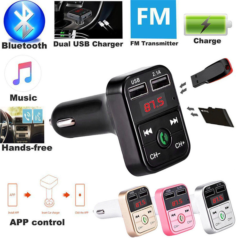 Auto Bluetooth-ühilduv komplekt FM-saatja vabakäeseade auto MP3-heli muusikapleier Kahe USB-raadiomodulaator 2.1A automaatne USB-laadija