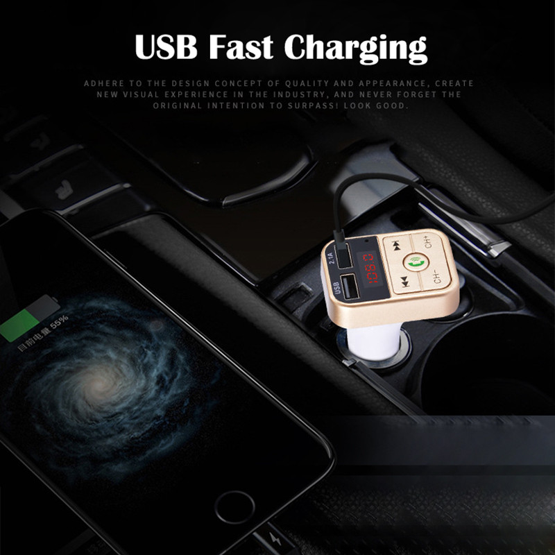 Auto Bluetooth-ühilduv komplekt FM-saatja vabakäeseade auto MP3-heli muusikapleier Kahe USB-raadiomodulaator 2.1A automaatne USB-laadija