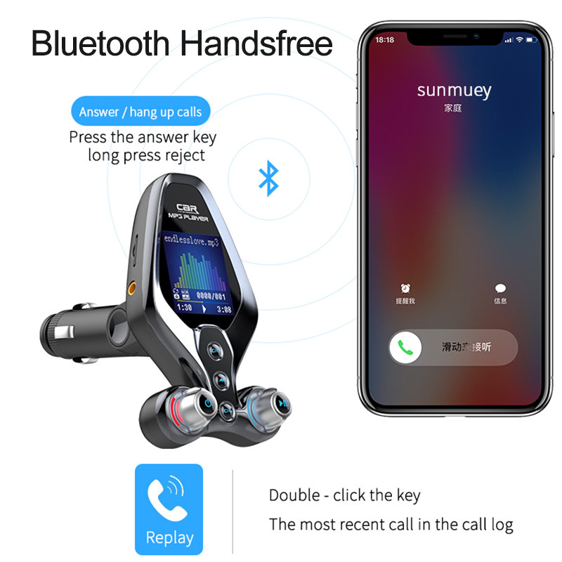Vabakäeseade Bluetooth 5.0 FM-saatja ühe võtmega sisse-/väljalülitus EQ-režiim auto MP3-muusikamängija QC3.0 kahe USB-laadijaga kaustamängija