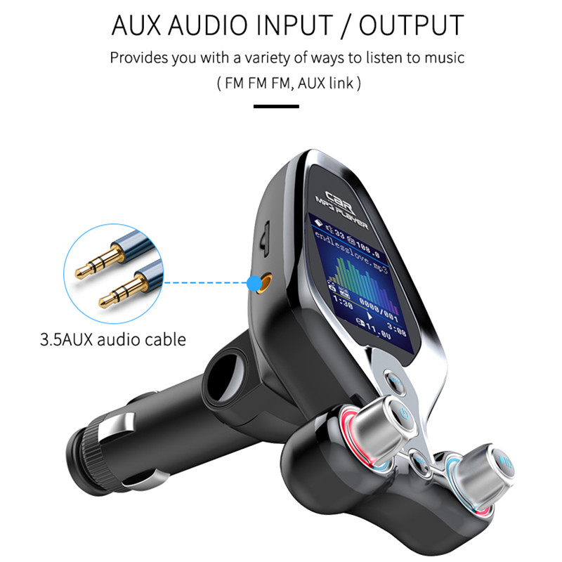 Vabakäeseade Bluetooth 5.0 FM-saatja ühe võtmega sisse-/väljalülitus EQ-režiim auto MP3-muusikamängija QC3.0 kahe USB-laadijaga kaustamängija