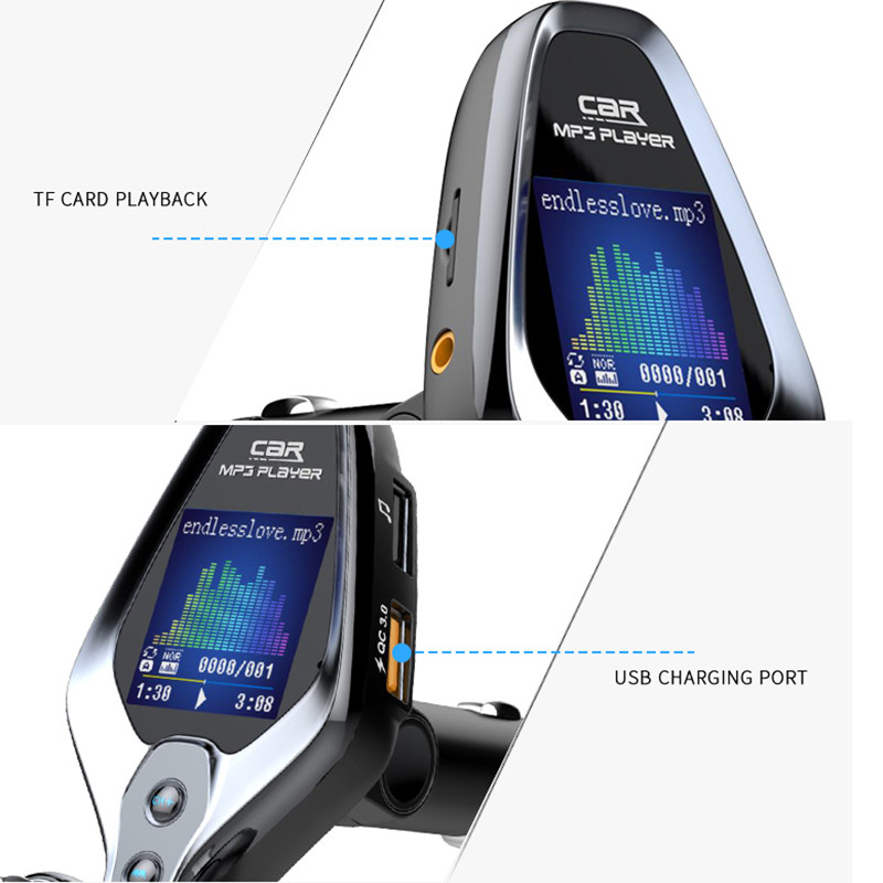 Vabakäeseade Bluetooth 5.0 FM-saatja ühe võtmega sisse-/väljalülitus EQ-režiim auto MP3-muusikamängija QC3.0 kahe USB-laadijaga kaustamängija