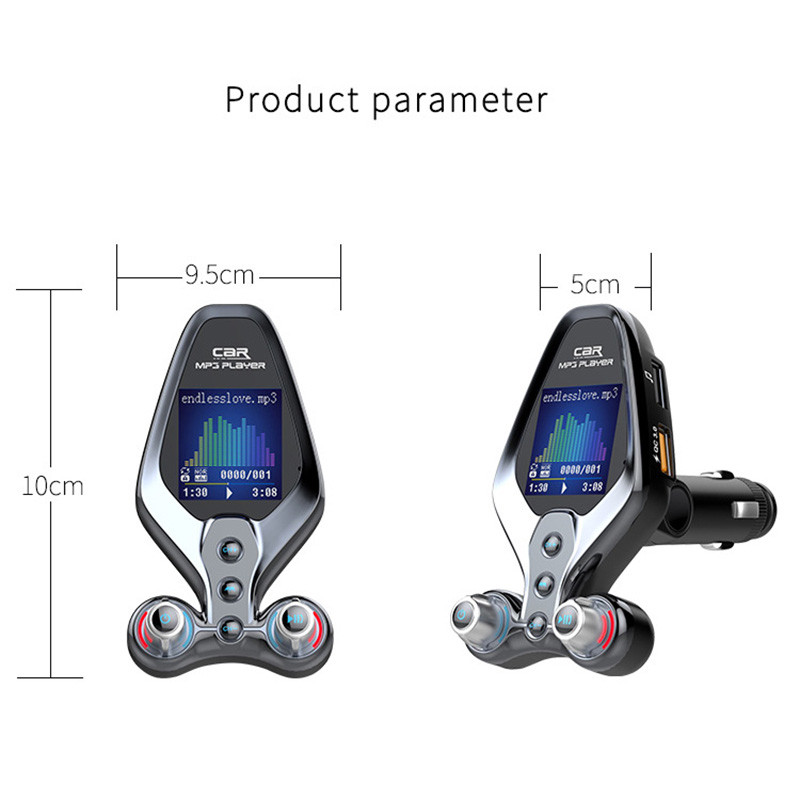 Vabakäeseade Bluetooth 5.0 FM-saatja ühe võtmega sisse-/väljalülitus EQ-režiim auto MP3-muusikamängija QC3.0 kahe USB-laadijaga kaustamängija