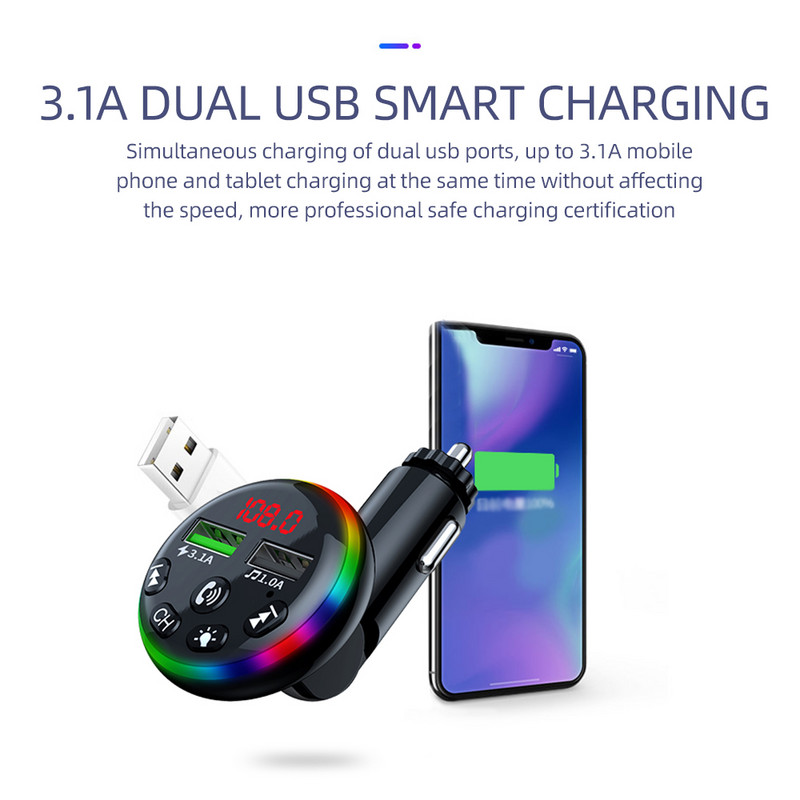 Transmițător FM reglabil la 90 de grade Bluetooth 5.0 EDR Receptor audio wireless Mâini libere 3.1A Încărcător rapid USB dublu U-disk TF