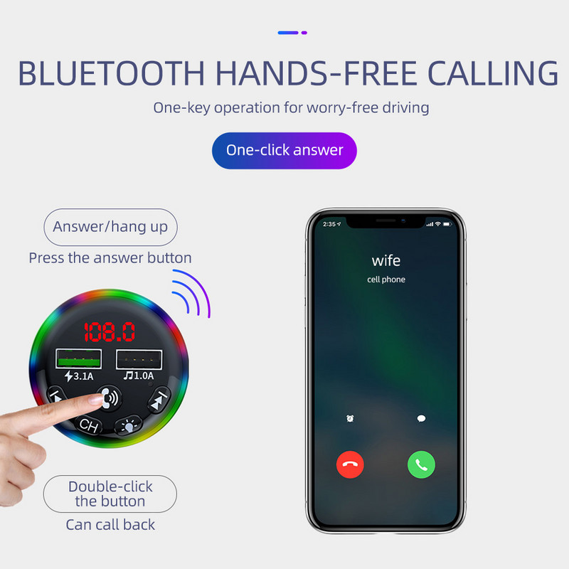 Transmițător FM reglabil la 90 de grade Bluetooth 5.0 EDR Receptor audio wireless Mâini libere 3.1A Încărcător rapid USB dublu U-disk TF