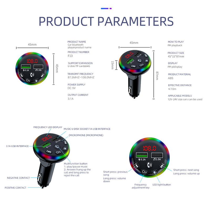 Transmițător FM reglabil la 90 de grade Bluetooth 5.0 EDR Receptor audio wireless Mâini libere 3.1A Încărcător rapid USB dublu U-disk TF