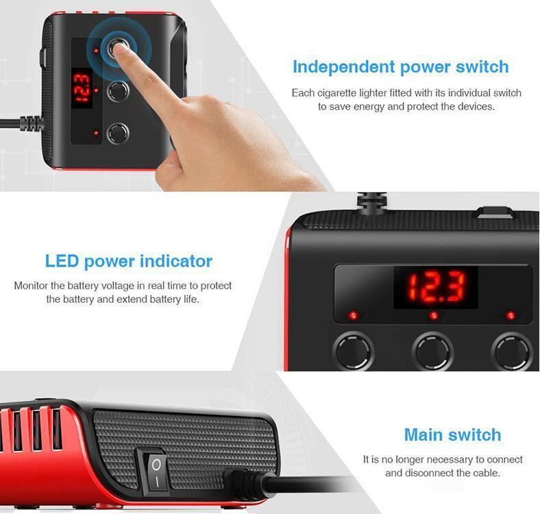 Automatski USB punjač, 3-smjerni adapter za automobilski upaljač, 12V-24V utičnica, razdjelnik, LED 4 USB adapter za punjenje za telefon, MP3 DVR