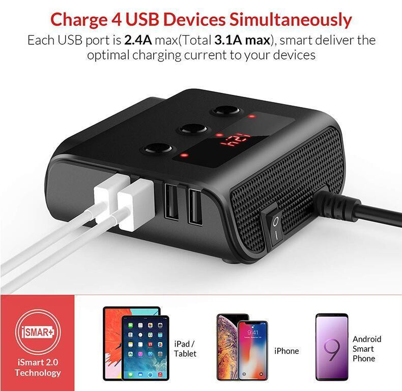 Automatski USB punjač, 3-smjerni adapter za automobilski upaljač, 12V-24V utičnica, razdjelnik, LED 4 USB adapter za punjenje za telefon, MP3 DVR