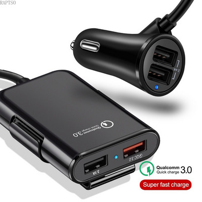 Auto punjač QC3.0 One Drag Four 8A Fast Charge 4USB prednji i stražnji auto punjač s kabelom Automatski crni pribor za brzo punjenje