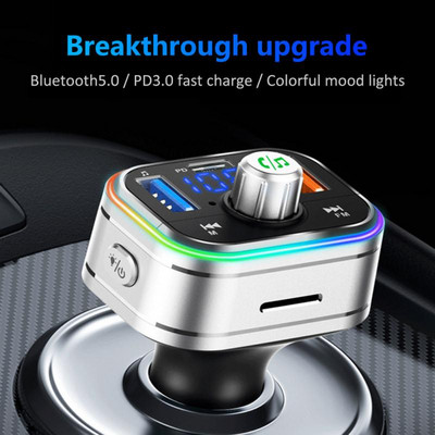 Автомобилен MP3 плейър със свободни ръце FM трансмитер Pd / QC3 0 Бързо зарядно устройство за телефон с MP3 атмосферна лампа 12V - 24V