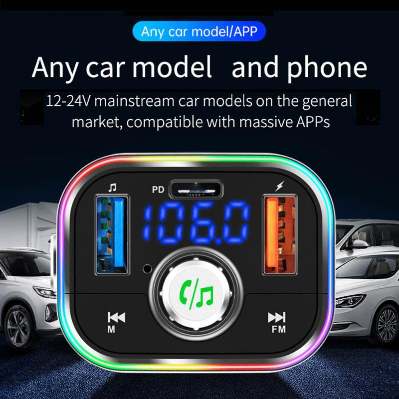 Mâini libere Bluetooth Auto MP3 Player Transmițător FM Pd / QC3 0 Încărcător rapid pentru telefon cu lampă de atmosferă MP3 12V - 24V