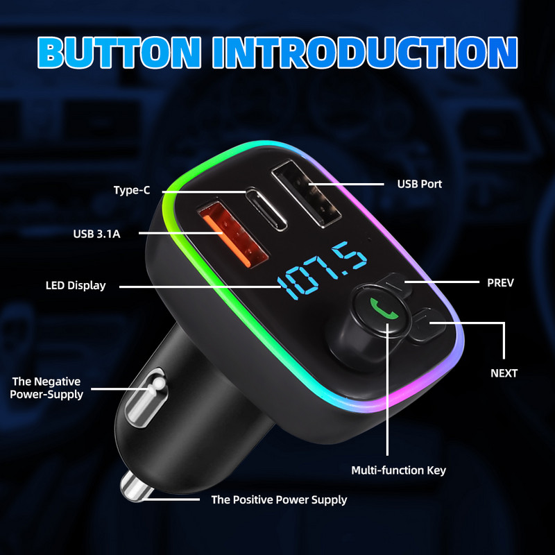 Încărcător Bluetooth 5.0 pentru mașină Transmițător FM PD 18W Type-C Dual USB 4.2A Lumină ambientală colorată Brichetă MP3 Music Player