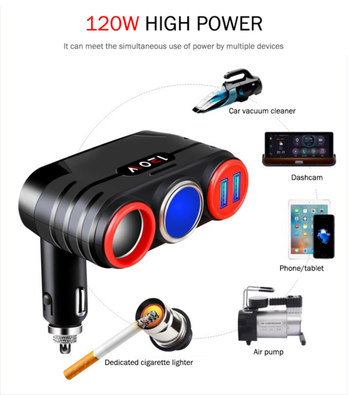 Διπλός αναπτήρας αυτοκινήτου USB 4 σε 1 120W 9-24V Αναπτήρας σε Ηλεκτρικές σκούπες τηλεφώνου USB Φόρτιση Αξεσουάρ φορτιστή αυτοκινήτου