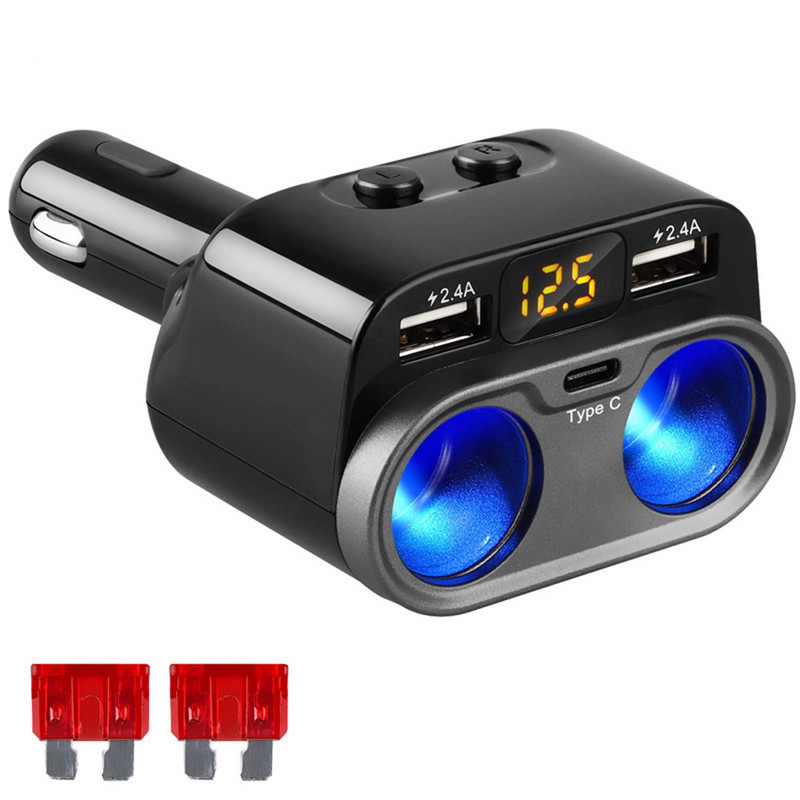 Punjač za automobil, jedan s dva dvostruka USB 80 W, višenamjenski s prekidačem Type-c 5 V 3,1 A, adapter za upaljač, prikaz napona C47
