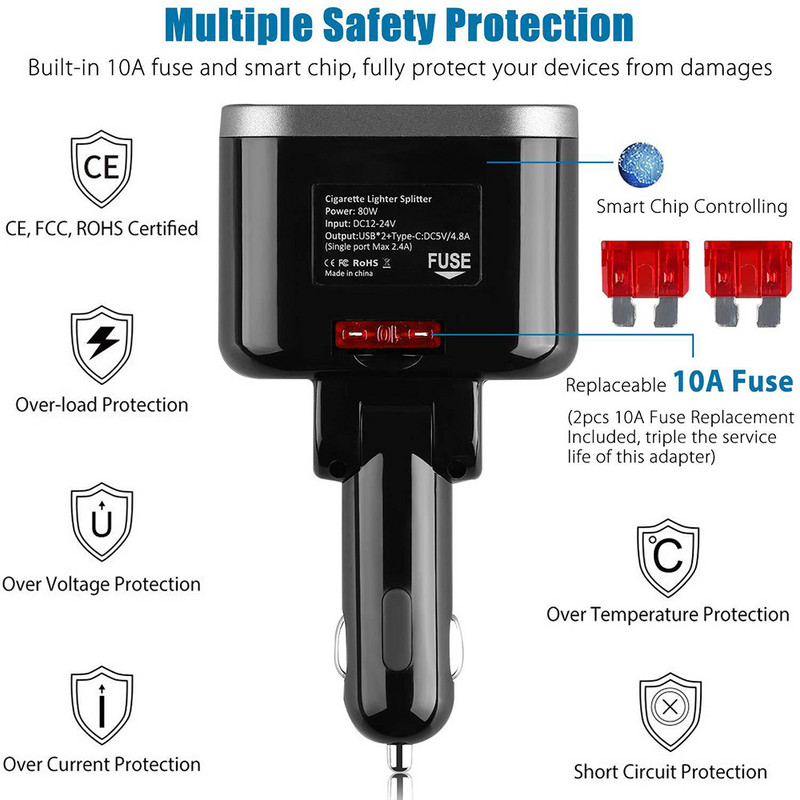 Punjač za automobil, jedan s dva dvostruka USB 80 W, višenamjenski s prekidačem Type-c 5 V 3,1 A, adapter za upaljač, prikaz napona C47