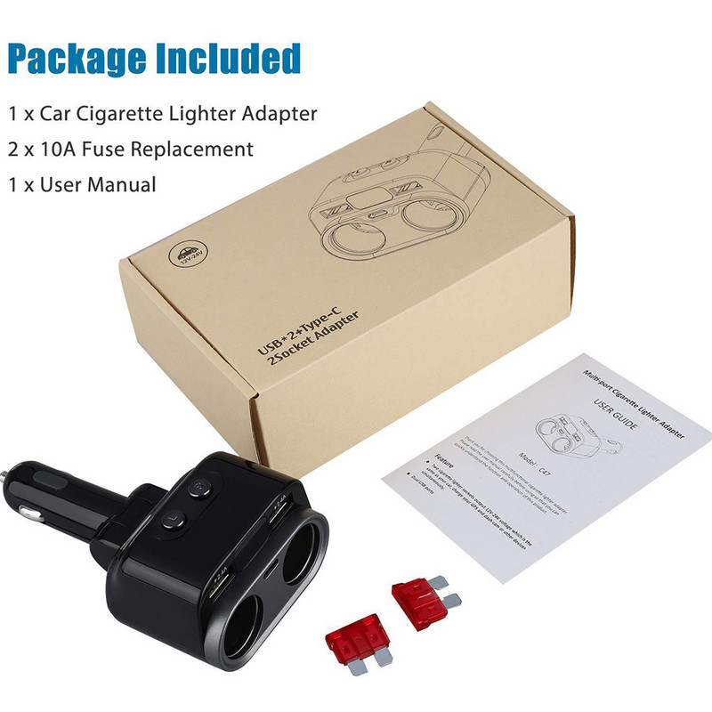 Punjač za automobil, jedan s dva dvostruka USB 80 W, višenamjenski s prekidačem Type-c 5 V 3,1 A, adapter za upaljač, prikaz napona C47