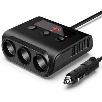 Сплитер за 3 запалки с 4 USB порта Зарядно за кола Бързо зареждане Независимо от напрежението Превключвател Дисплей за напрежение CDEN
