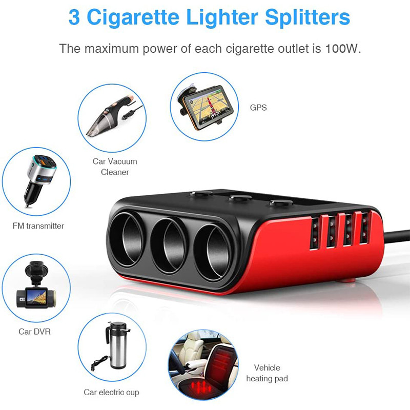 Splitter cu 3 brichete cu 4 porturi USB Încărcător pentru mașină, încărcare rapidă, comutator independent de tensiune, afișaj de tensiune CDEN