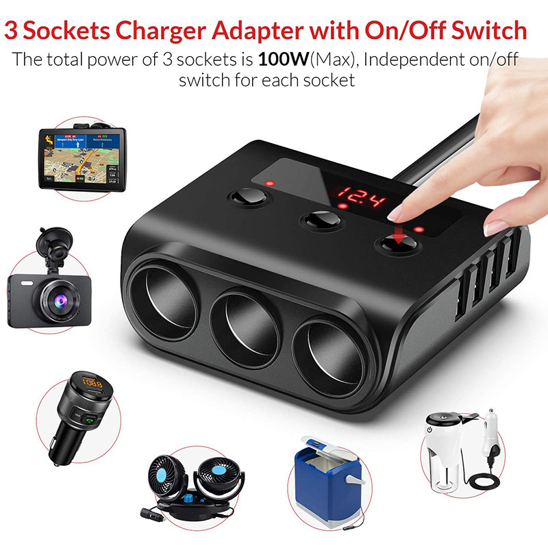 Splitter cu 3 brichete cu 4 porturi USB Încărcător pentru mașină, încărcare rapidă, comutator independent de tensiune, afișaj de tensiune CDEN
